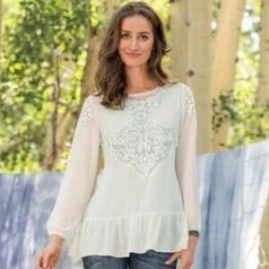 SUNDANCE Women's Small Sheer Lace Crochet Blouse Peplum Top Cottage Boho Cream